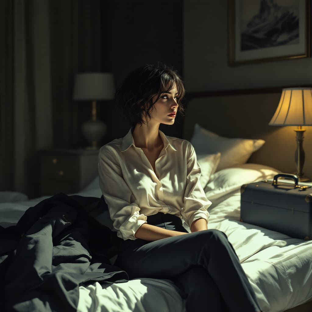 AI generated: High-resolution, slightly desaturated cinematic illustration with stark, intimate lighting, a slim b...