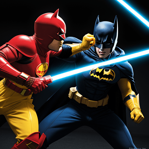 AI generated: YELLOW AND BLUE BATMAN a FIGHTS A BLACK MAN IN A RED ranger SUIT, WITH YELLOW GLOVES AND BOOTS , SUN...