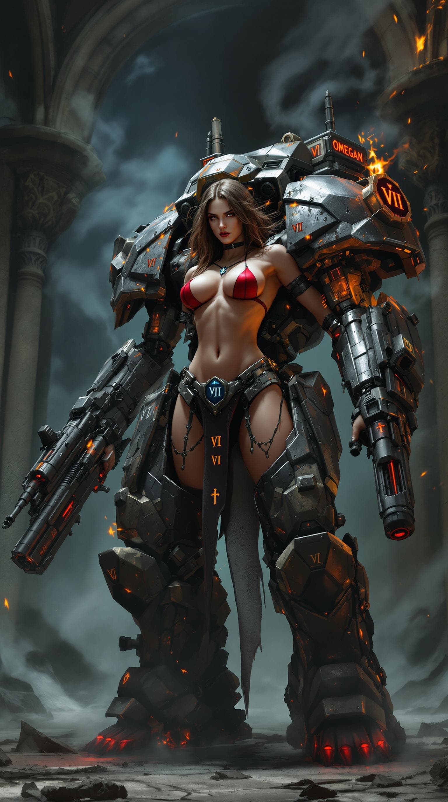 AI generated: The image features a strong female figure inside a massive war machine resembling a mechanical exosk...