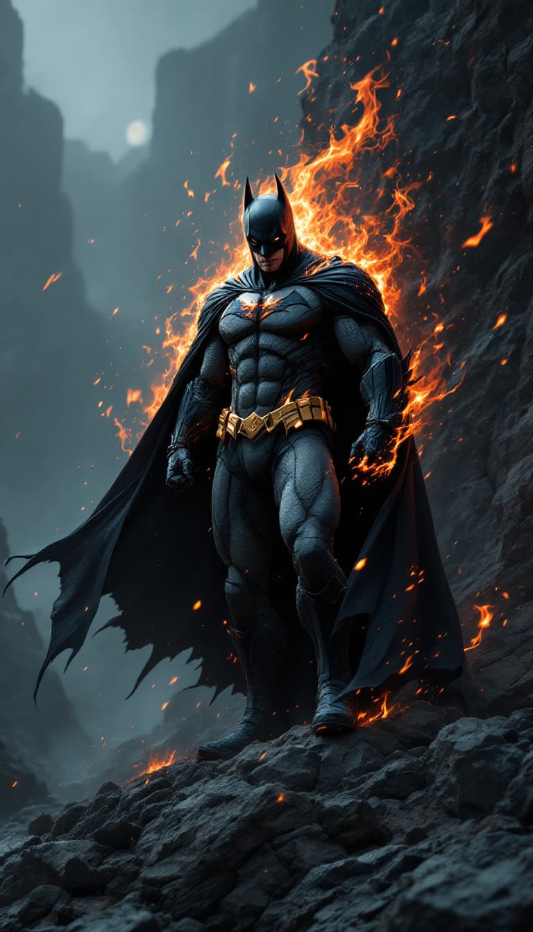 AI generated: Envision a fully body portrait of a batman rising from the ashes, standing on rocky ground  villain,...