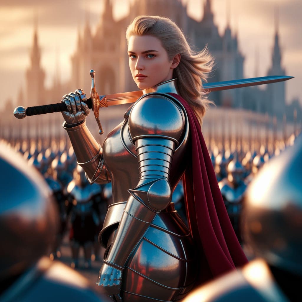 AI generated: A blending realism and fantasy depiction of a young and beautiful lady knight, from left angled pers...