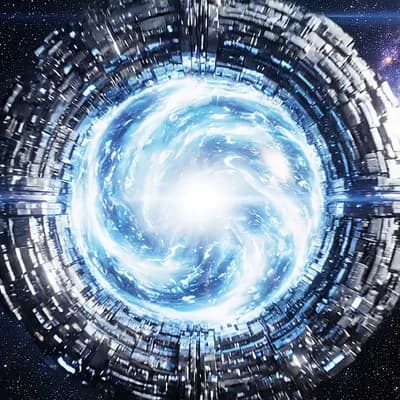 AI generated video: Create a cinematic wormhole tunneling effect. 
Show the camera circling in front of the Ring, the Ju...
