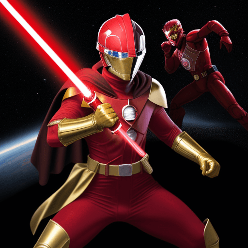 AI generated:  RED SPANDEX SUIT, WITH GOLD GLOVES AND BOOTS , wearing a RED ranger helmet HOLDING a lightsaber vs ...