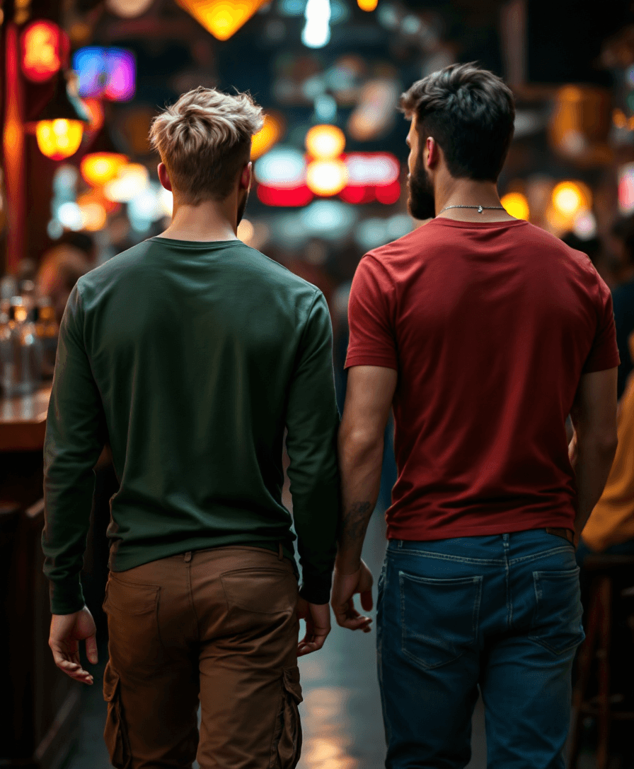 AI generated: View from behind, Hyper-realistic photography of two men (Tom and Mike), walking in a crowded bar. M...
