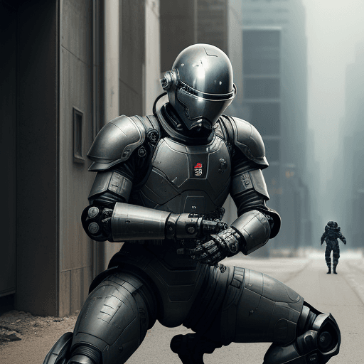 AI generated: black armed man figure in sci-fi battle armor with cybernetic helmet, aiming on one knee, mask, sci-...
