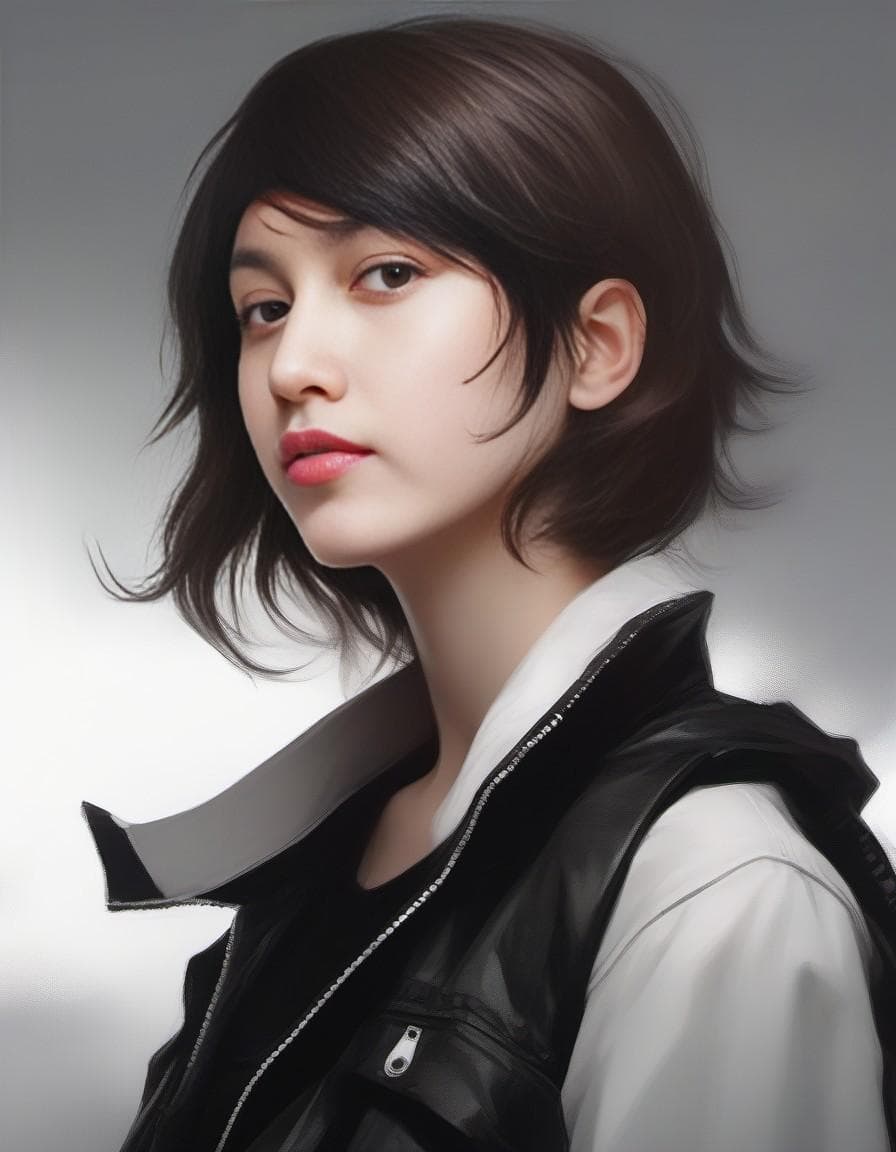 AI generated: (masterpiece, 4k quality:1.3), a woman wearing a black MA-1 jacket and a (white:0.6) t- shirt under ...