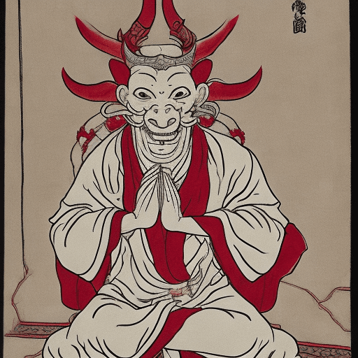 AI generated: A monk praying in the lotus position, wearing white robes and with a red oni mask with horns but no ...
