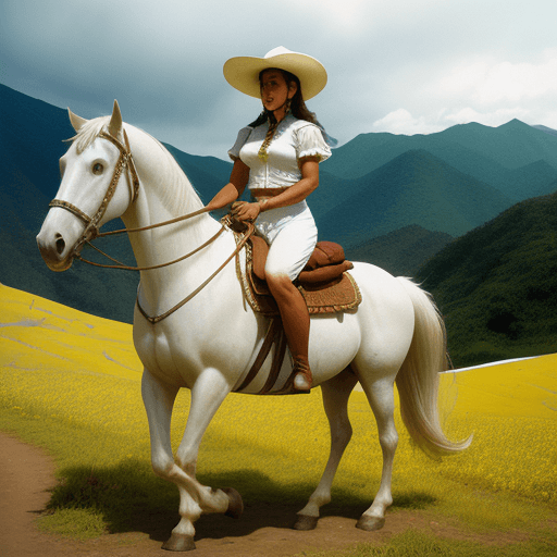 AI generated: Hombre rides on his white horse, woman riding on her brown horse, Colombia, Colombian mountains. Kod...