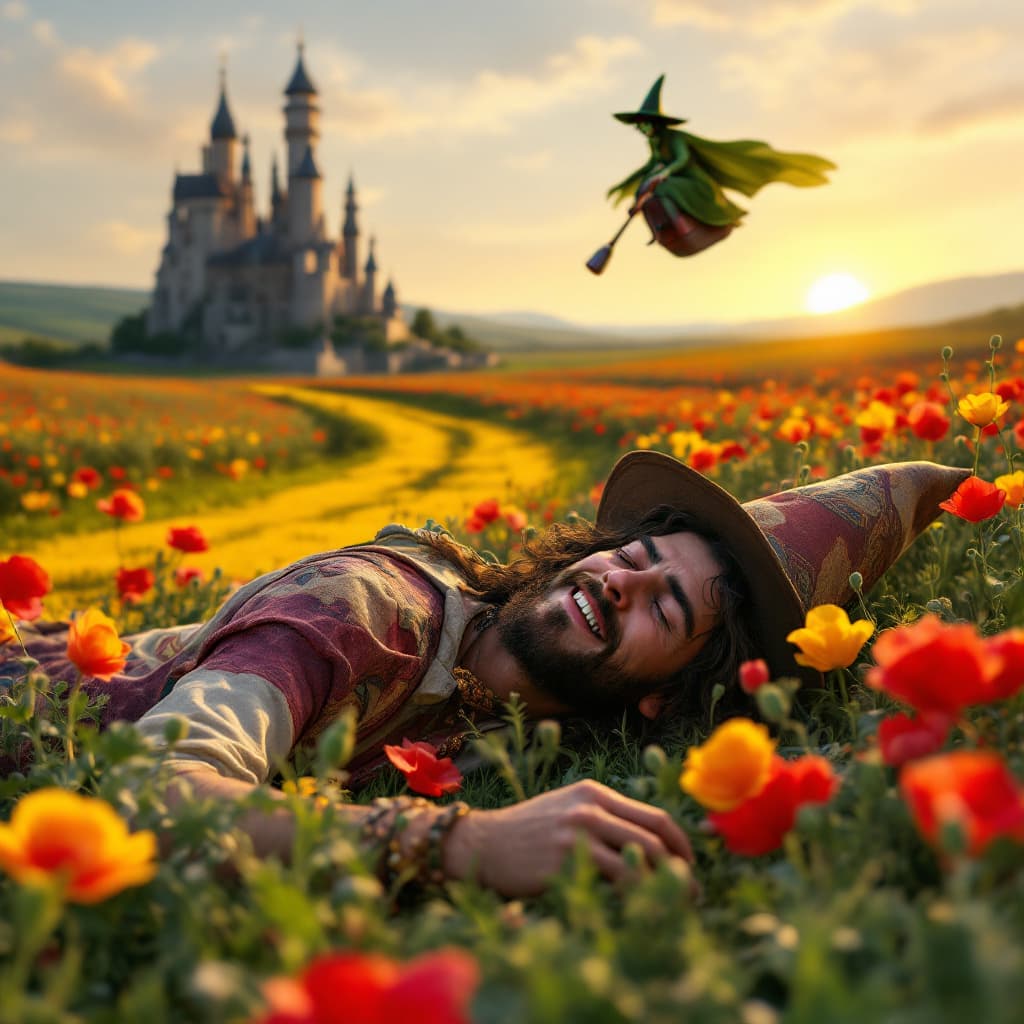 AI generated: a totally wasted  hippie with a dopey grin partly closed eyes is  in a field of poppies laying prone...