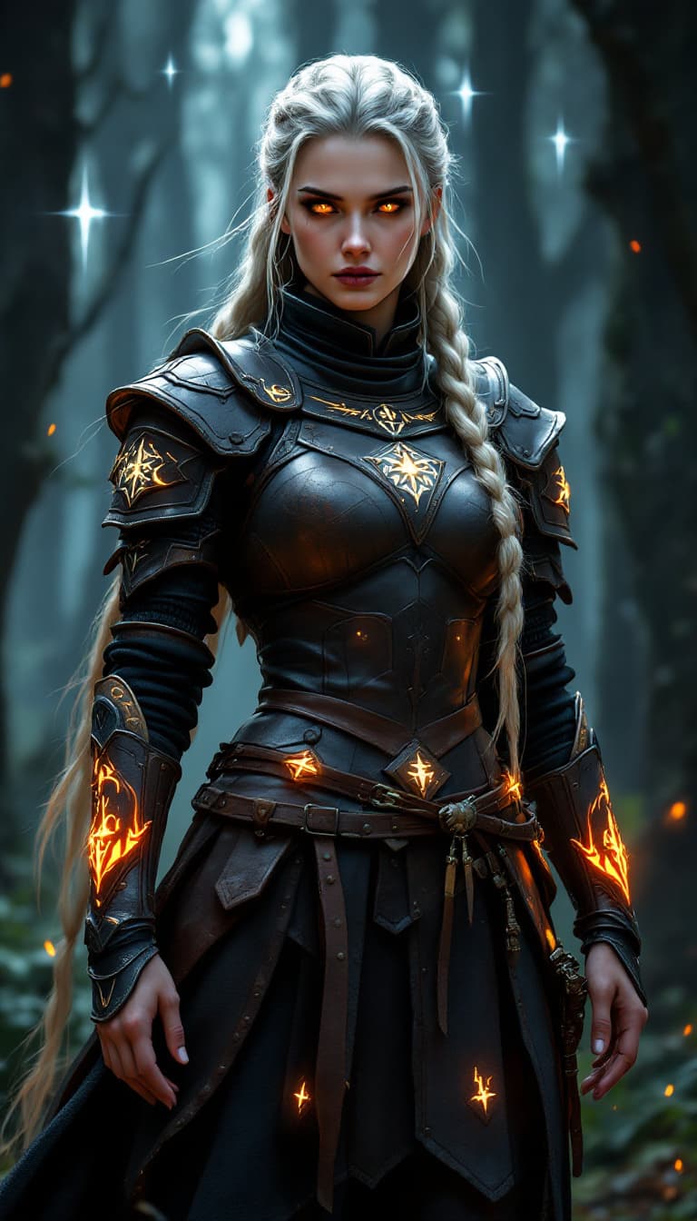 AI generated: Dynamic angle, full body view, realistic, female Witcher warrior, long braided hair, layered armor, ...