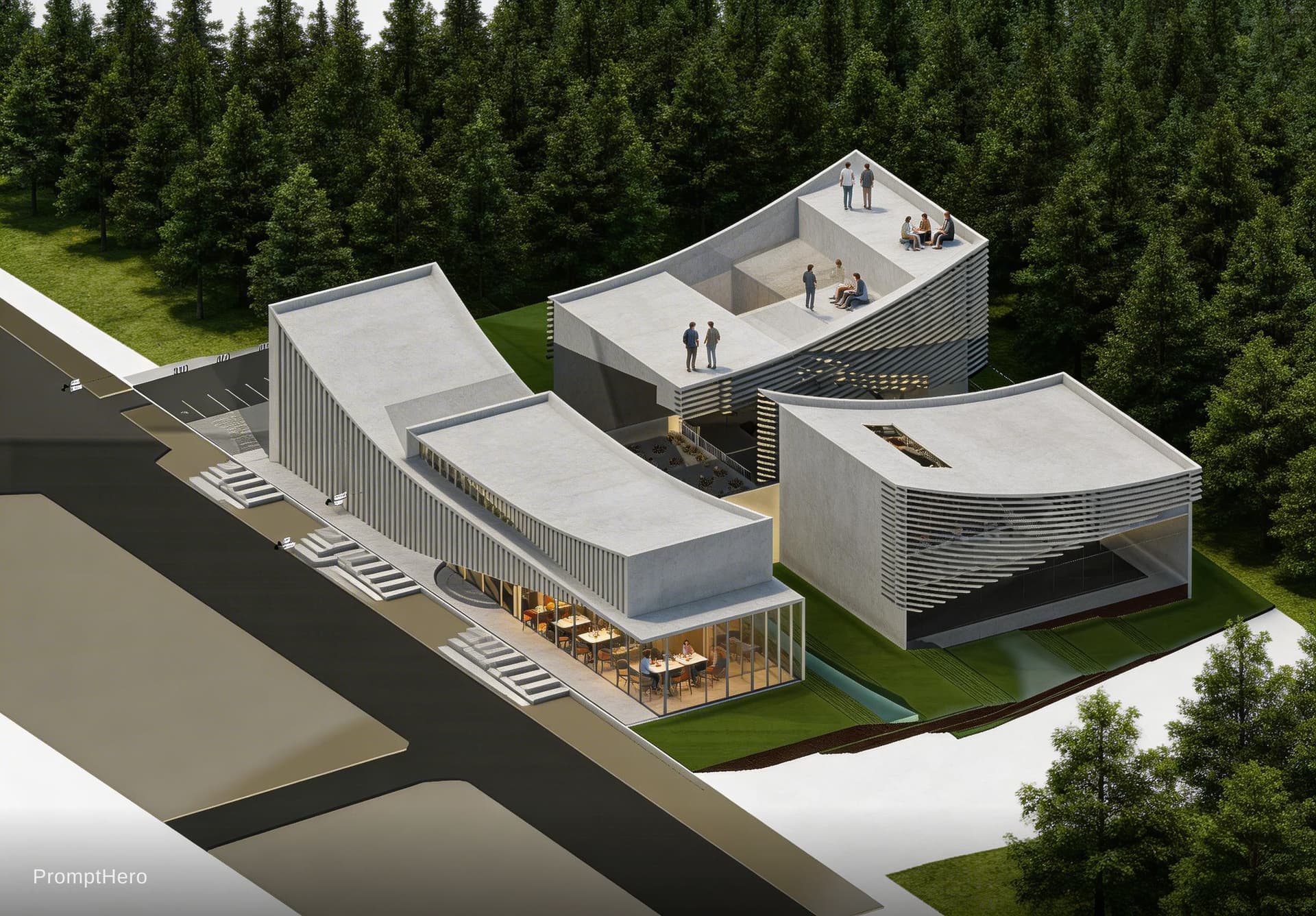 AI generated: ((A commercial center)),*curve concept, have four entrance steps, view to the forest, next to the ma...