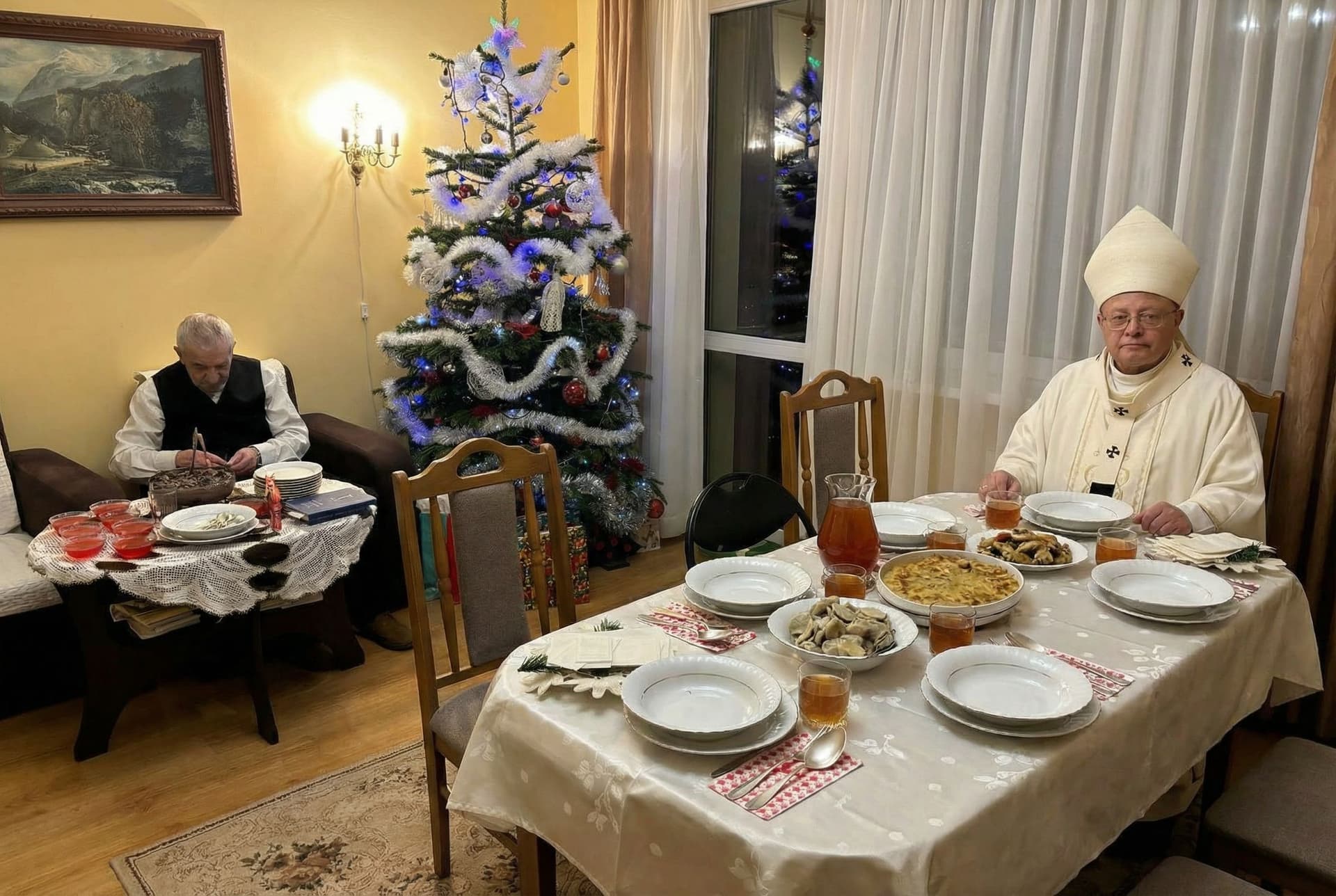 AI generated: Add the priest siting to the image with the christmas tree