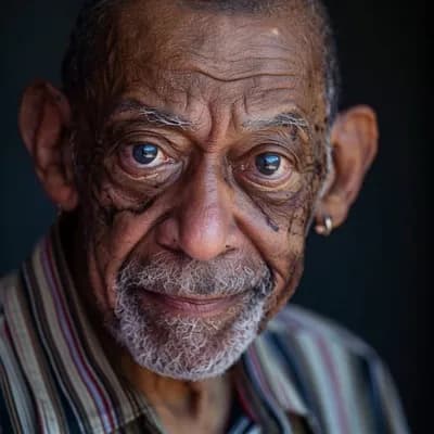 AI generated video: An old black man smiles as the camera pulls back