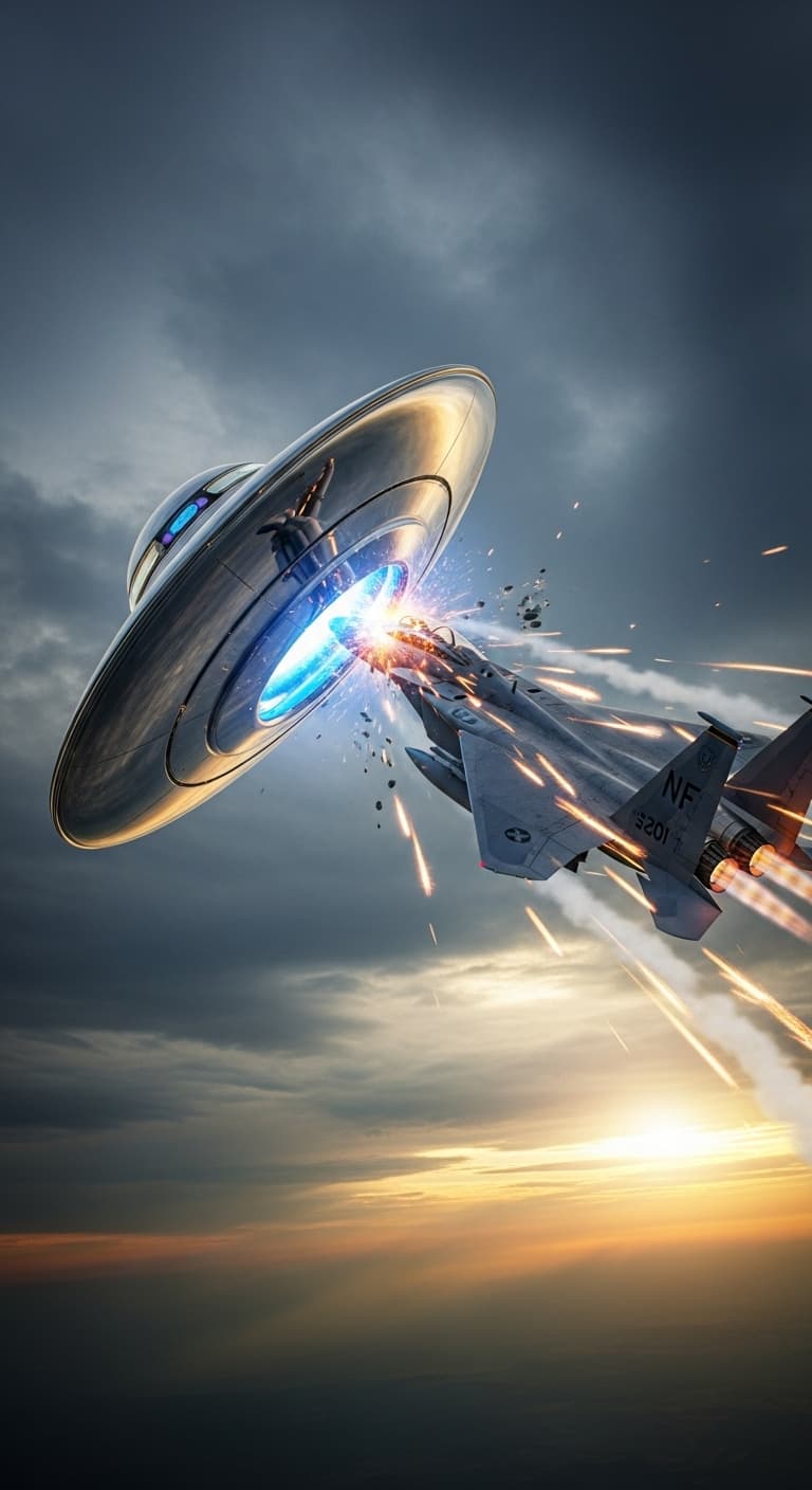 AI generated: an alien ufo in chrome finish collides with an f15