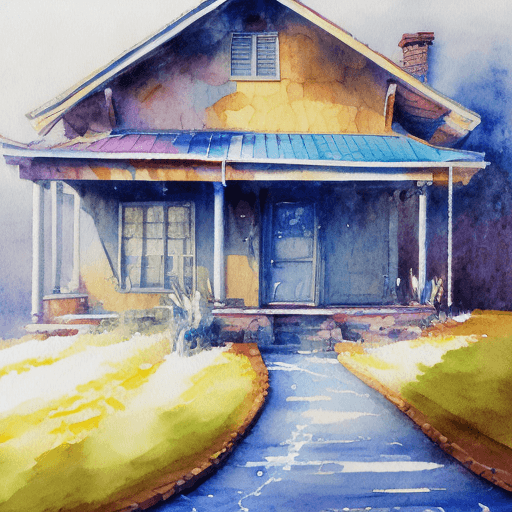 AI generated: a single storey house, watercolor, wet on wet and splattering techniques, centered, perfect composit...