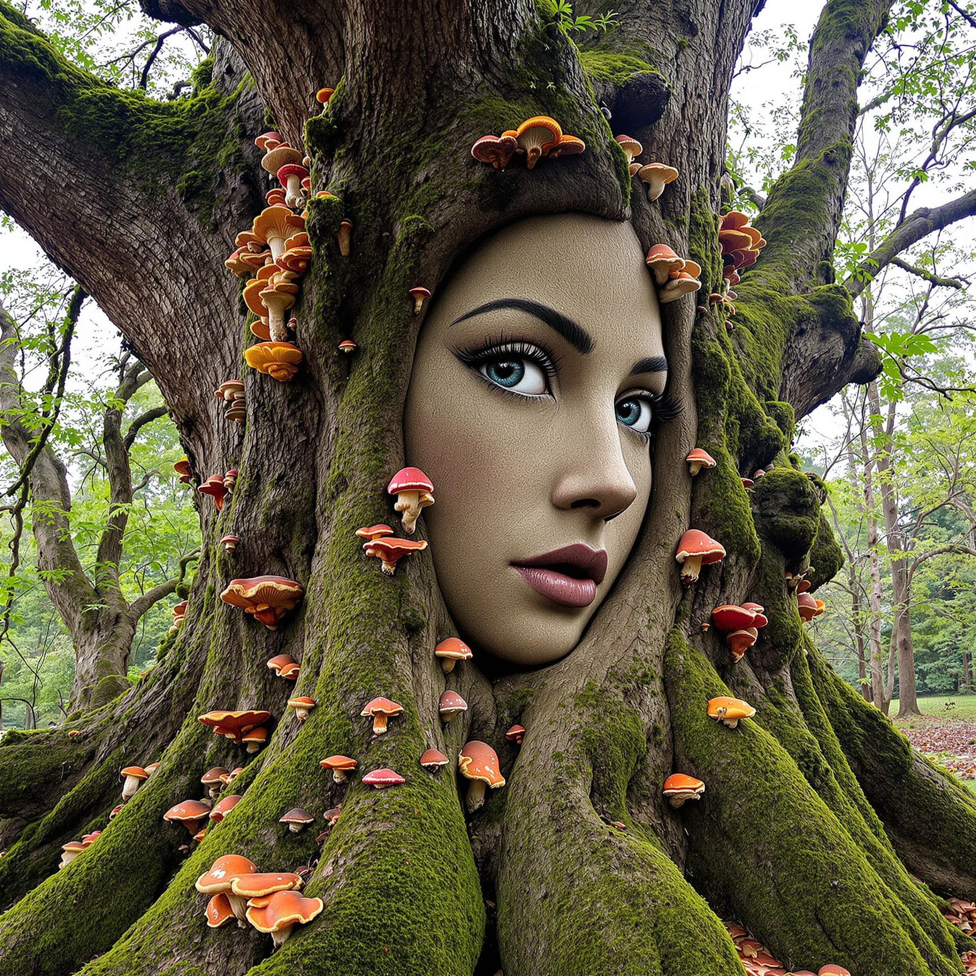 AI generated: The image features a tree with a woman's face carved into it. The tree trunk has a woman's face on o...