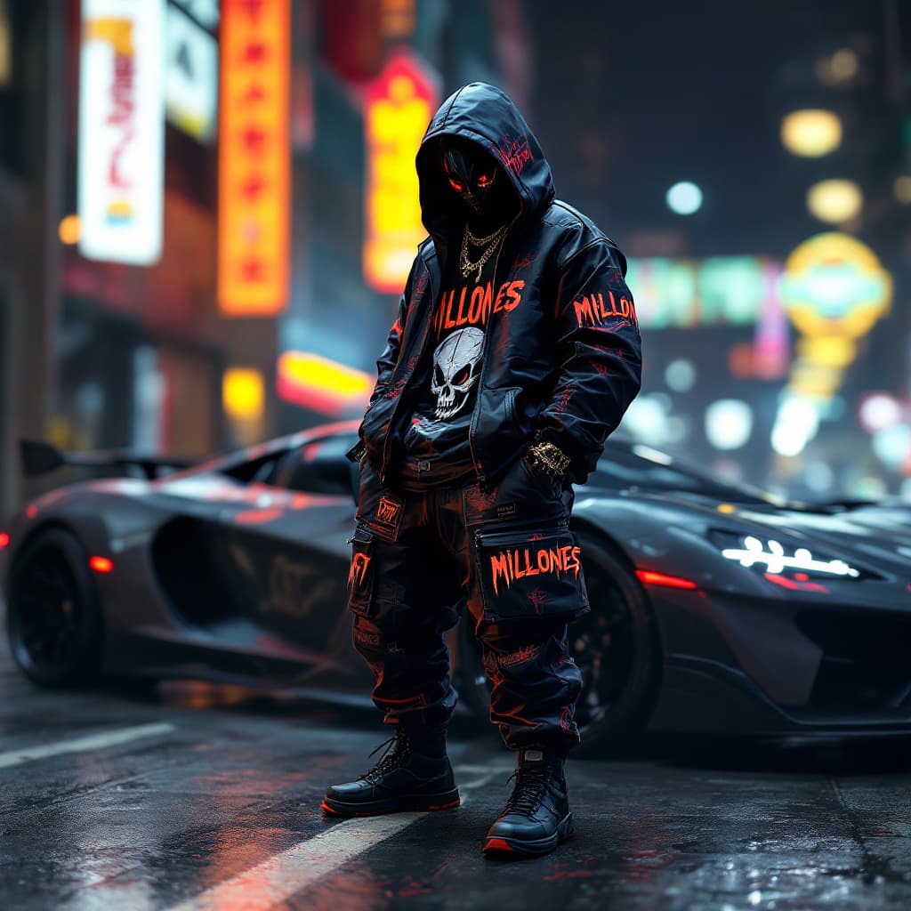 AI generated: cyberpunk GTA, DRAGON BALL GT BROLY  CHARACTER,  WEARING A JACKET WITH THE TEXT  "MILLONES" WITH HOR...