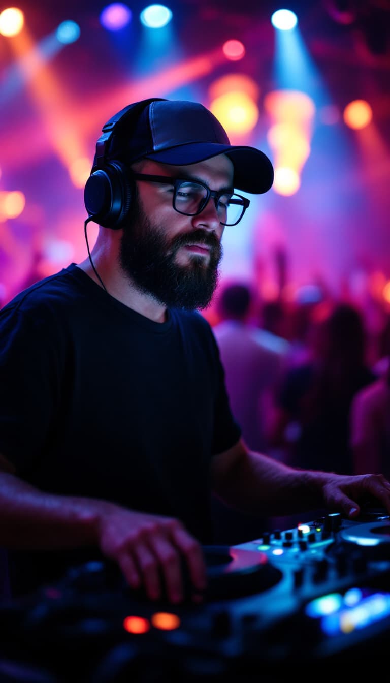AI generated: A DJ with a beard and glasses wearing a baseball cap and a black T-shirt, headphones, entertainment ...