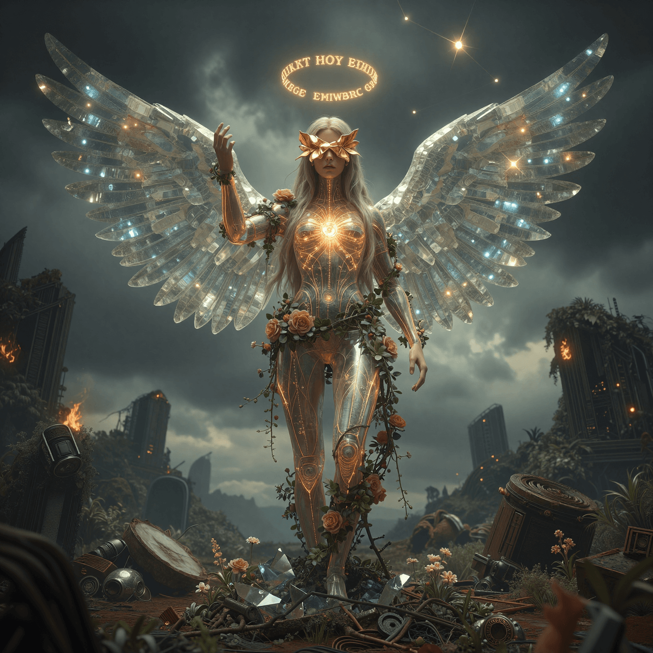 AI generated: n a crumbling sanctuary built at the end of time, open to the sky and flooded with wild overgrowth, ...