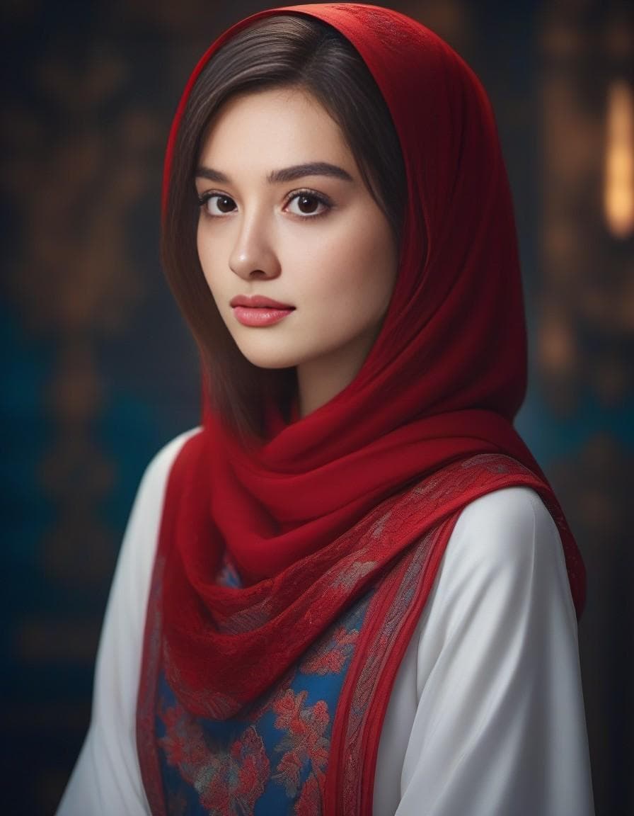 AI generated: best quality, masterpiece, (realistic:1.2), luminate, beautiful muslim, manhua art, red hijab, twirl...