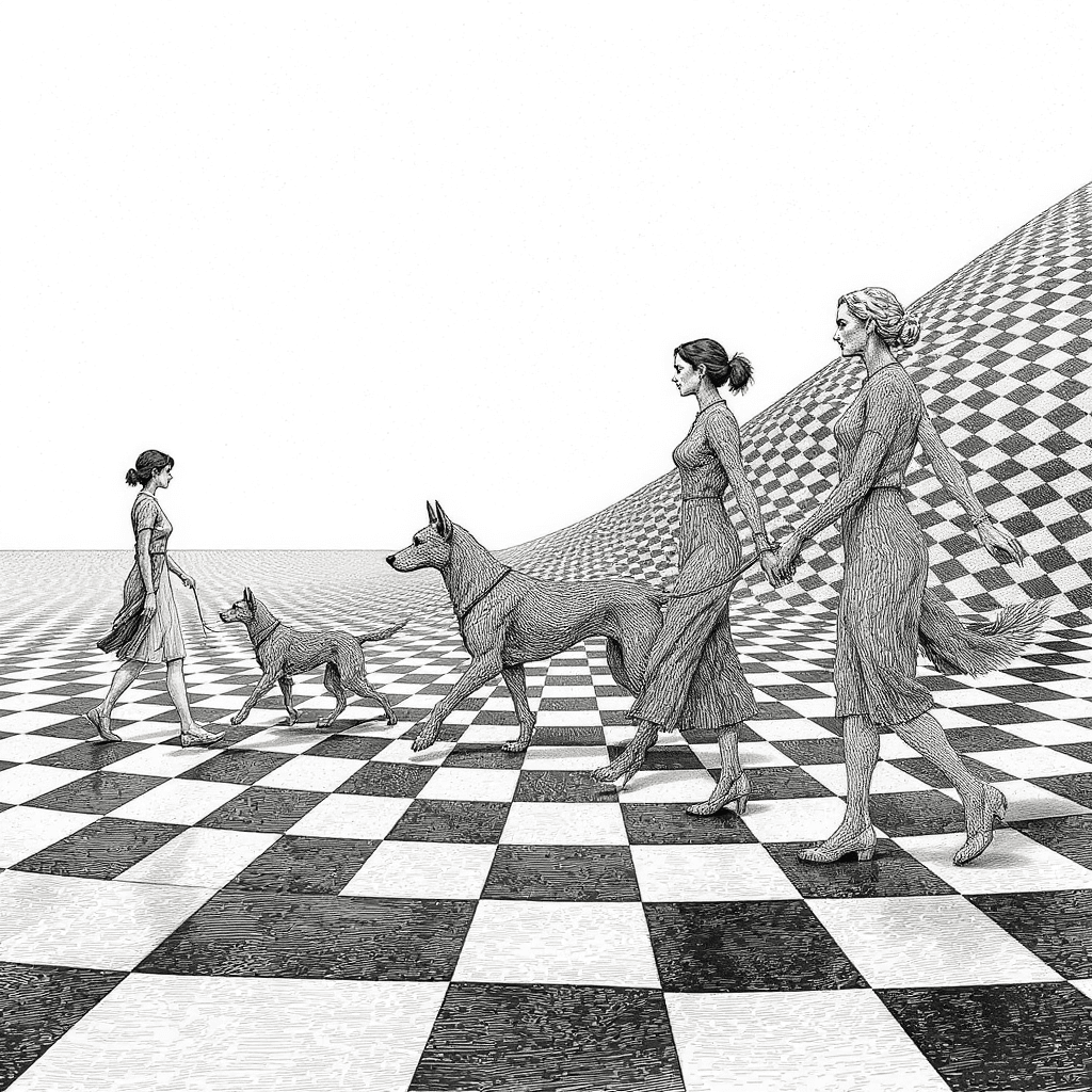 AI generated: In the style of M.C. Escher, surreal imaginative transformation on a wide panoramic canvas: on the f...
