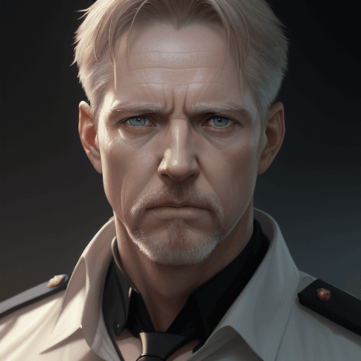 AI generated: 8k an middle aged white man wearing a police uniform with a light blonde long circle goatee and a wo...