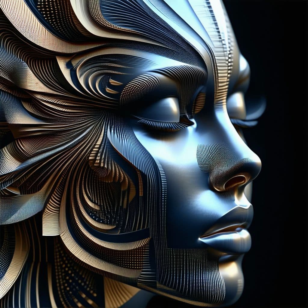 AI generated: Mandelbrot pattern beautiful woman's face, infinite recursive detail, chrome gradient coloring, meta...