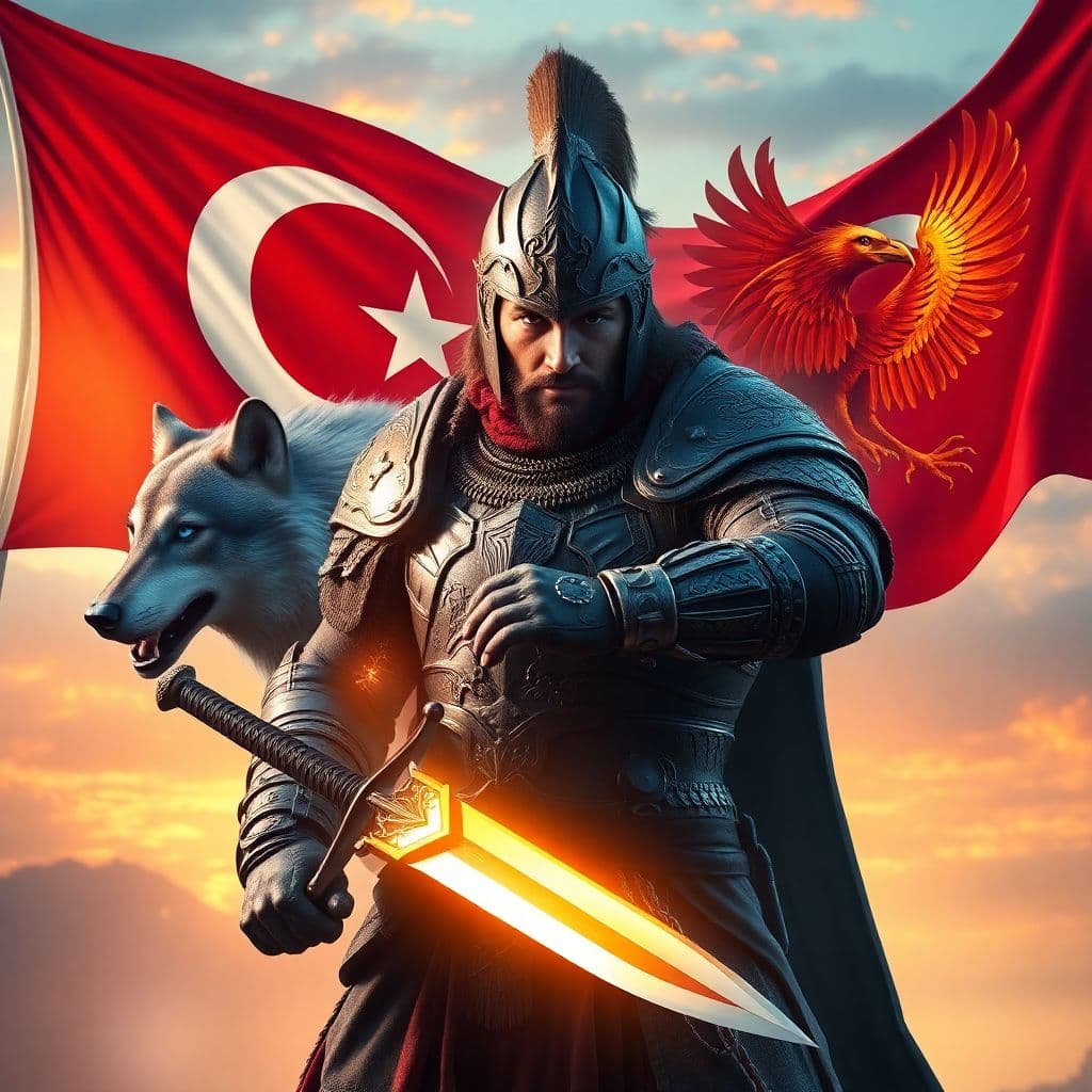AI generated: A fierce Turkish warrior clad in traditional armor inspired by ancient Turkish mythology, holding a ...