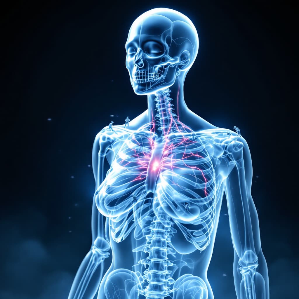 AI generated: a ultra realistic 1/3 full transparent female human body. bones and veins are visible. the bones sho...