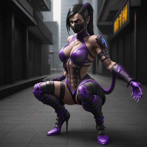 AI generated: Mortal Kombat Mileena, cyberpunk, outdoor, street, purple, hyperrealism, photorealistic, 8k, unreal ...