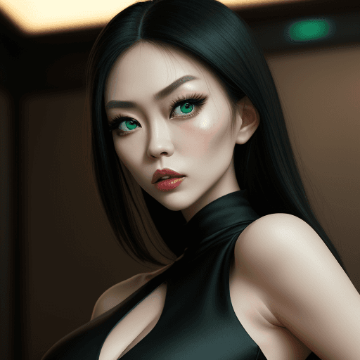 AI generated: a woman, Asien style big lips, big green eyes, a scar on the chin, black tight dress, cinematic