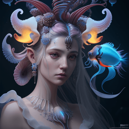 AI generated: Goddess close-up portrait ribcagel. jellyfish phoenix head, nautilus, orchid, skull, betta fish, bio...