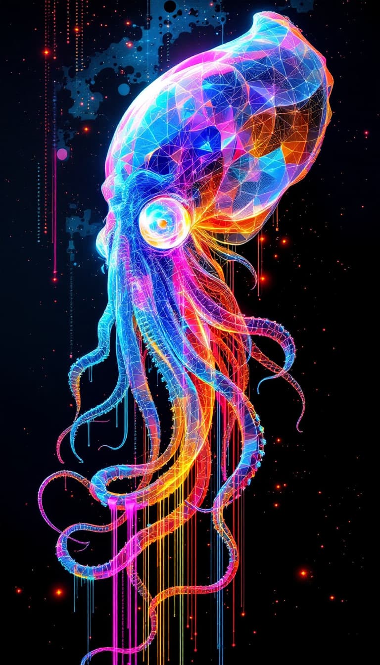 AI generated: 3D digital data mapped coded matrix blueprint,  transparent glass steampunk sculpture of a Nautilus ...