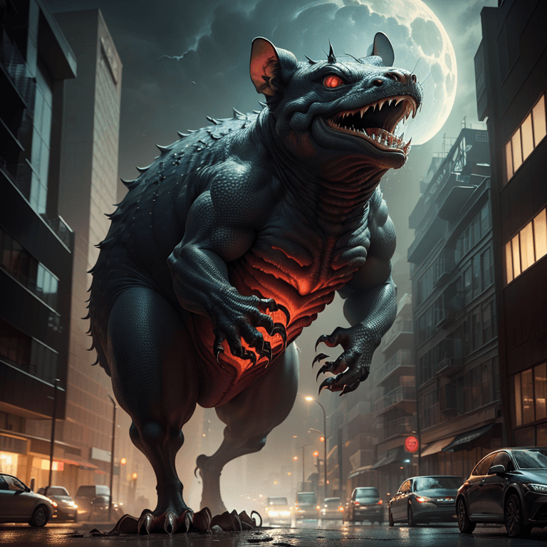 AI generated: haunting alien creature that looks like a monstrous giant shrew with many fangs, reddish eyes, urban...