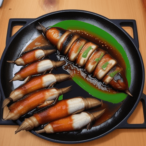 AI generated: sosis bakar dan olahan ikan dalam sebuah piring sajian yang menggugah selera dan siap dihidangkan

