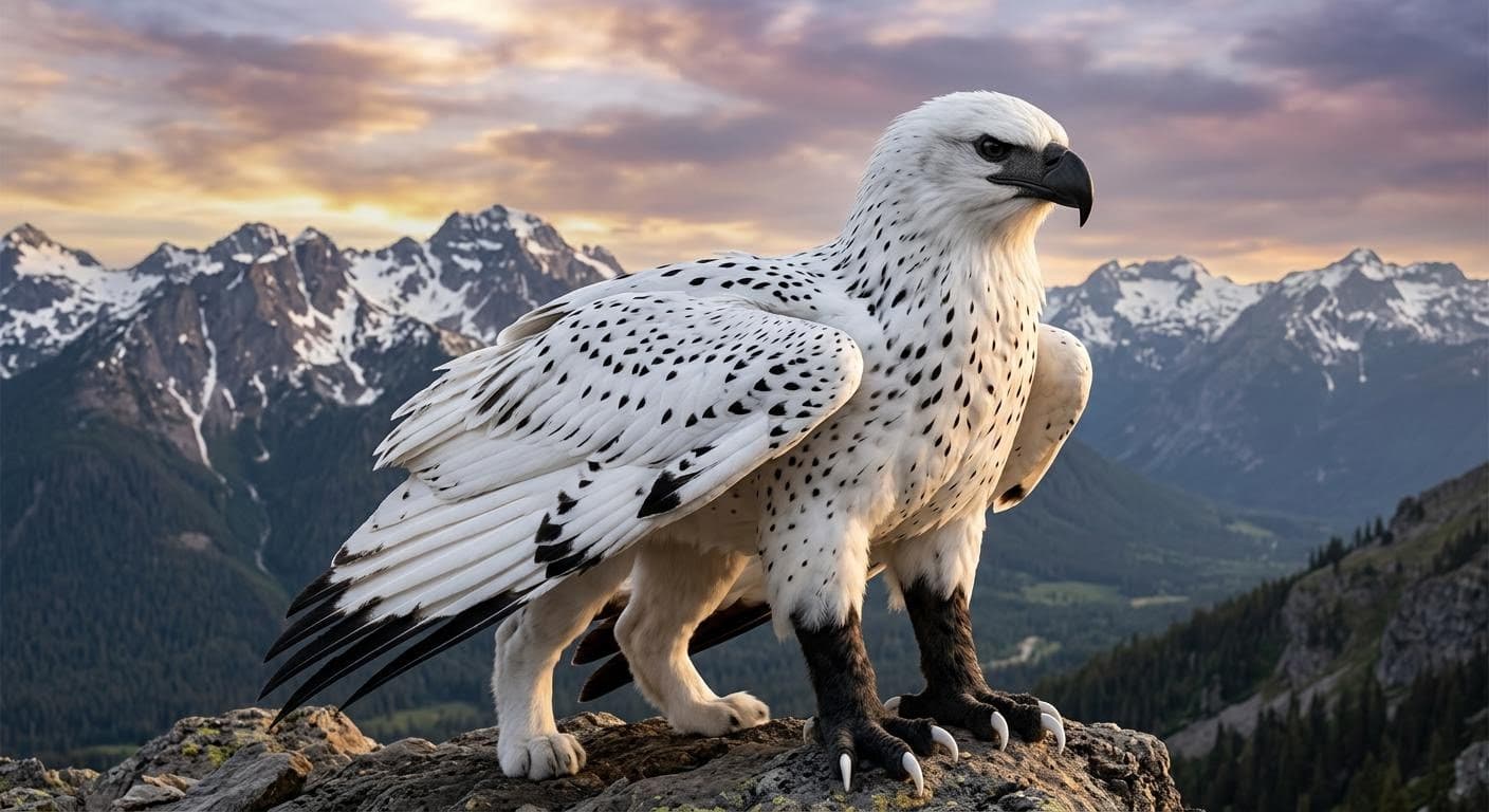 AI generated: a white griffin with white feathers with black spots and that black tipped and a black beak and blac...