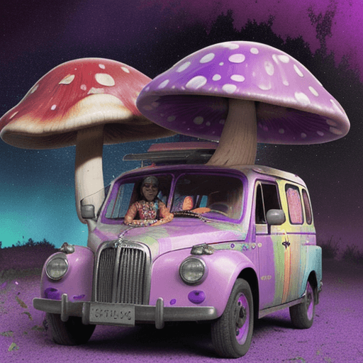 AI generated: Psychedelic ticket for a trip, hallucinogenic mushrooms, happiness, purple, name of the passenger Mi...