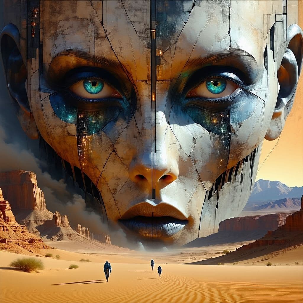 AI generated: large humanoid face with detailed and complex facial in the desert, a fantasy landscape in the style...