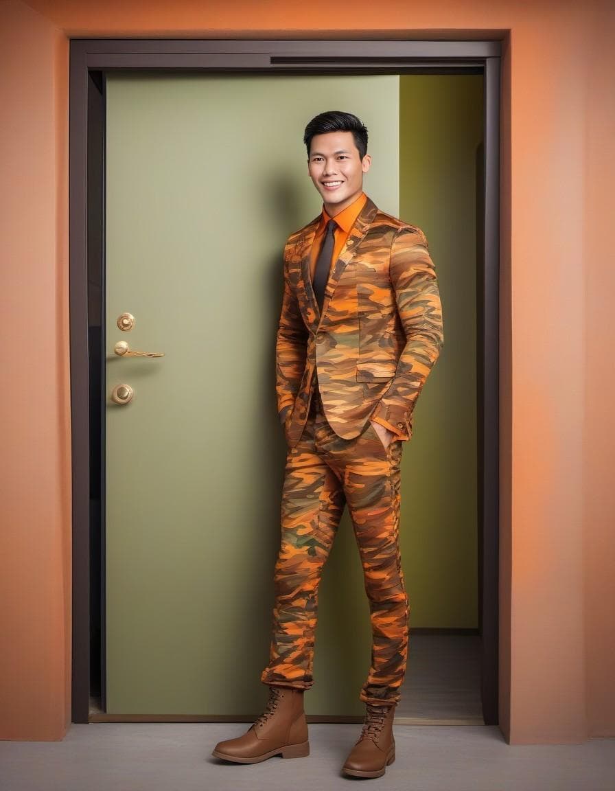 AI generated: fashion cover, front view, full-body, man model, door, chic camouflage suit, orange shirt and camofl...