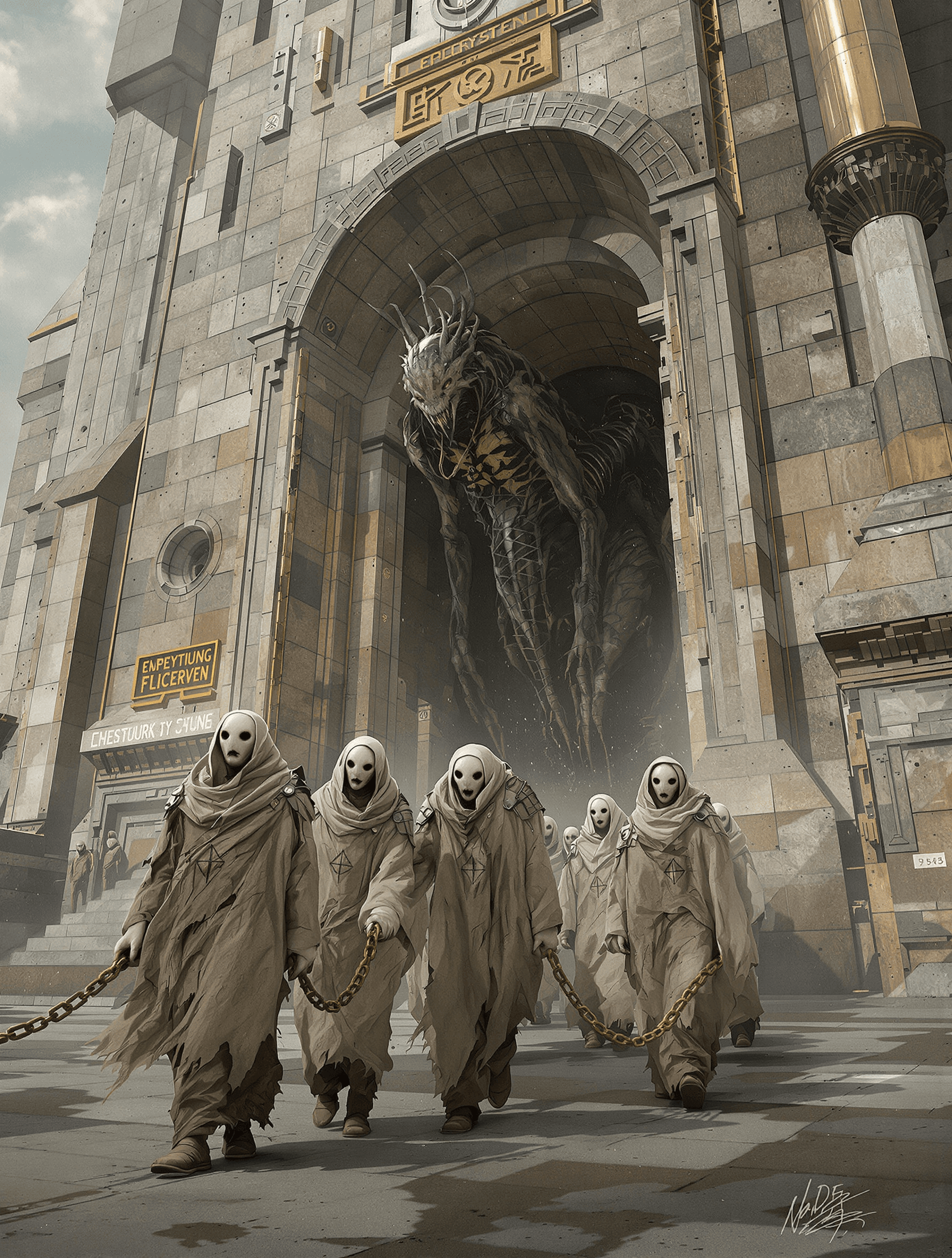 AI generated: /Artprompt Sci-fi, create a dystopian futuristic scene depicting (a group of strange mystical beings...