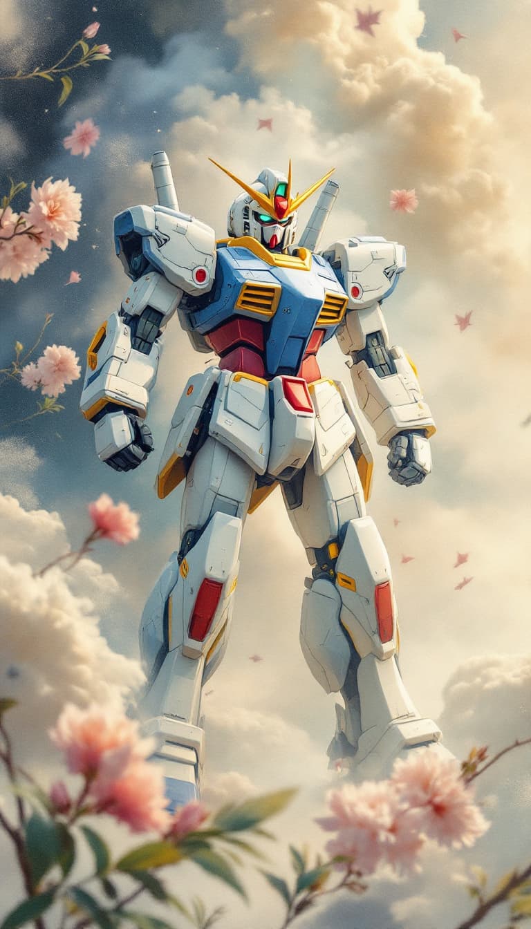 AI generated: drawing of gundam, in the style of video montages, nature-inspired art nouveau, soft-focus, I can't ...