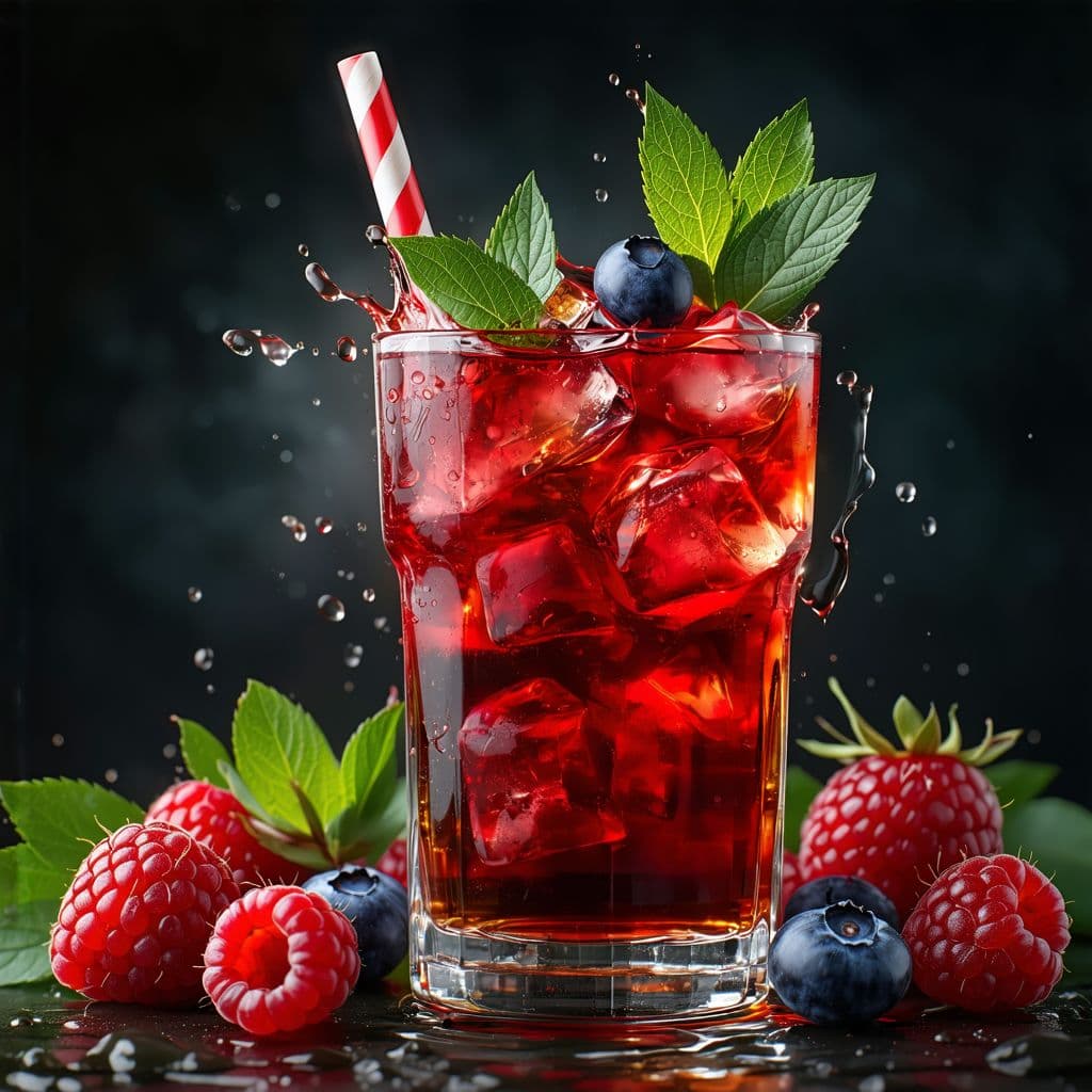 AI generated: Iklan digital 3D yang sangat realistis dan sangat terperinci yang memamerkan kaleng soda Fanta berry...