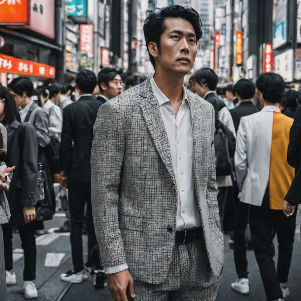 AI generated: a man standing amongst a group of people in tokyo, his outfit is like a detective, he is in black an...