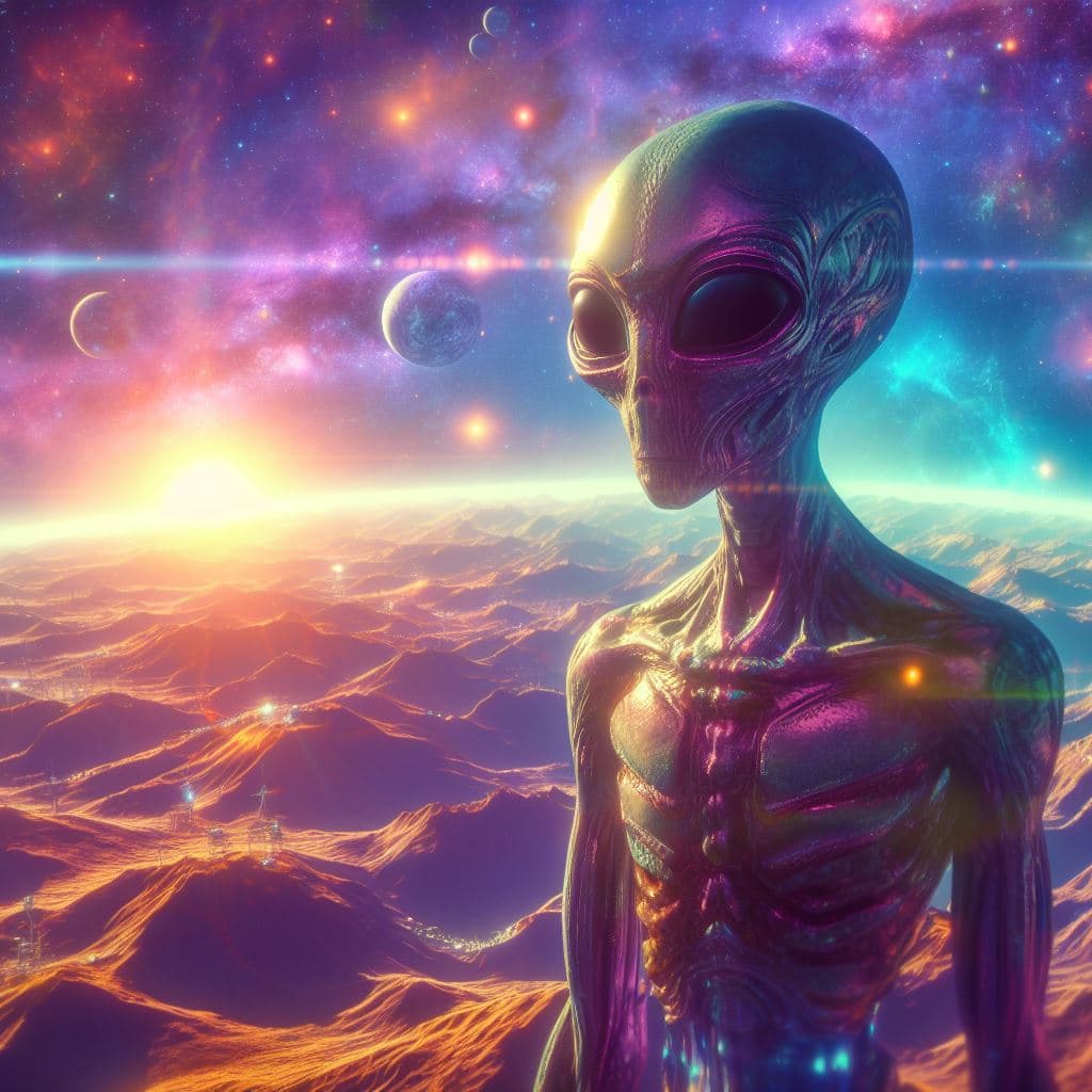 AI generated: an alien colony on a planet in a distant galaxy, beautiful and very colorful, a detailed alien looks...