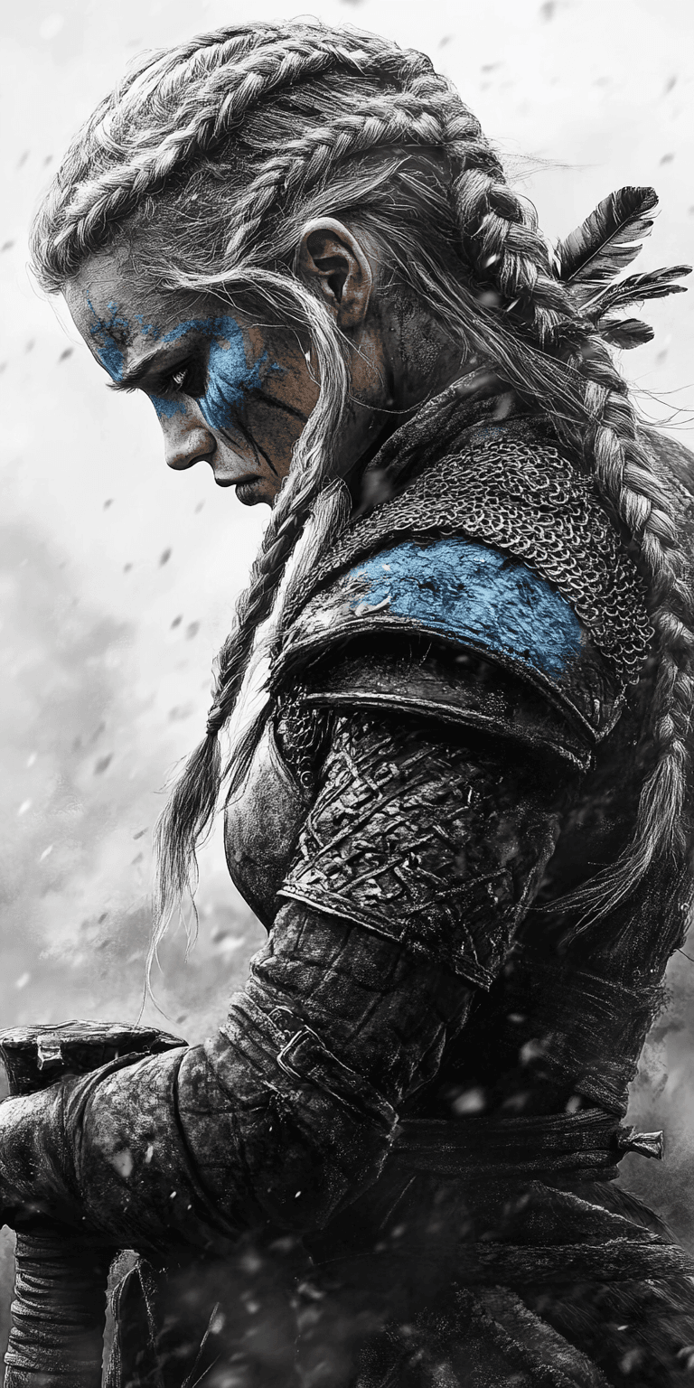 AI generated: black and white drawing of a Viking warrior woman with braided hair, wearing war paint on her face, ...