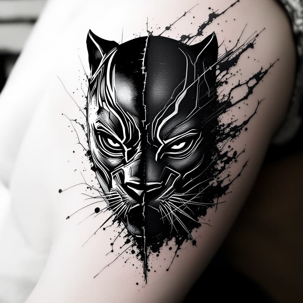 AI generated: tattoo, concept, black panther, face, abstract, different, black and white, less black, face divide ...