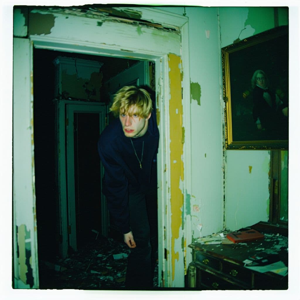 AI generated: grainy 80's photograph quality polaroid of logan paul suicide caught in an abandoned house, dark