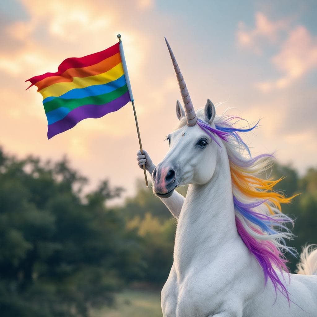 AI generated: A white unicorn waving a LGTBI flag