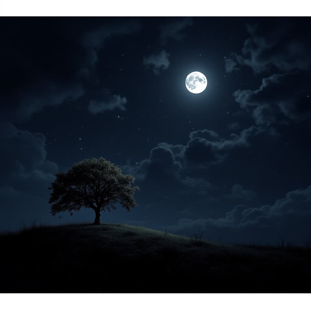 AI generated: A dark night with faint stars showing between many clouds, a full moon illuminating a single tree on...