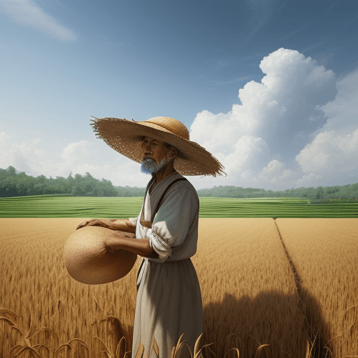 AI generated: A peasant uncle with a straw hat stands in a wheat field, big clouds, blue sky, rice field, neat ric...